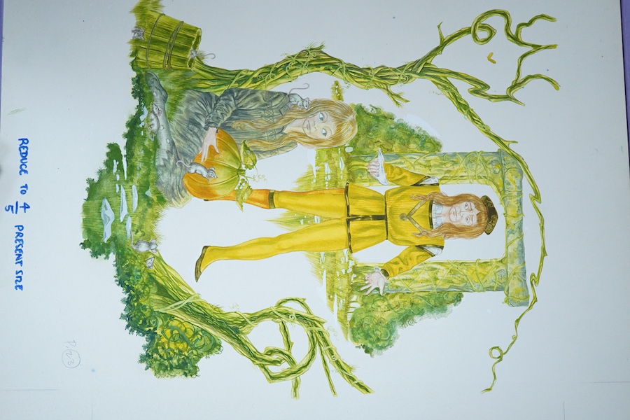 Andrew Skilleter (contemporary), a large collection of watercolours on card, Original illustrations from Cinderella and Snow White, with two accompanying books, largest 41 x 56cm, unframed